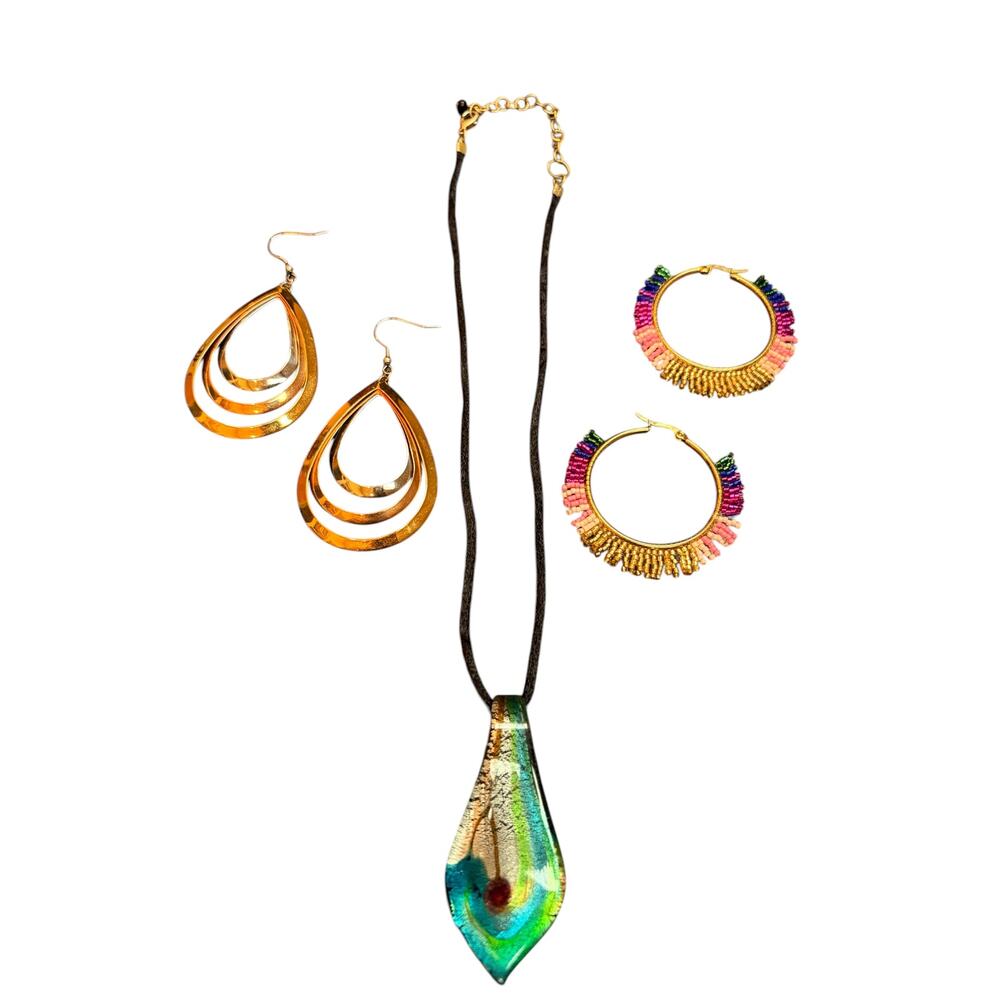Statement Jewelry – 3 Pc | Bold Earrings/Beaded Hoops/Art Glass Pendant Necklace